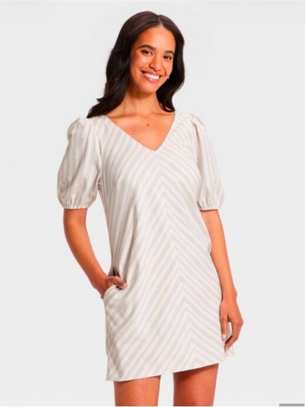 NWT A New Day Women's Puff Sleeve Mini A-Line Dress, Cream Stripe Size Small